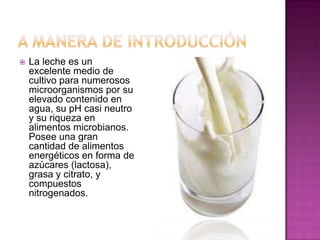 A manera de introducción La leche es un excelente medio de cultivo para numerosos microorganismos por su elevado contenido en agua, su pH casi neutro y su riqueza en alimentos microbianos. Posee una gran cantidad de alimentos energéticos en forma de azúcares (lactosa), grasa y citrato, y compuestos nitrogenados.
