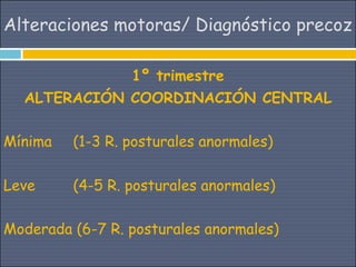 Alteraciones motoras/ Diagnóstico precoz

             1º trimestre
  ALTERACIÓN COORDINACIÓN CENTRAL

Mínima   (1-3 R. posturales anormales)

Leve     (4-5 R. posturales anormales)

Moderada (6-7 R. posturales anormales)
 