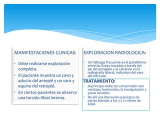 MANIFESTACIONES CLINICAS:          EXPLORACION RADIOLOGICA:

 Debe realizarse exploración        Un hallazgo frecuente es el paralelismo
                                    entre las líneas trazadas a través del
 completa.                          eje del astrágalo y el calcáneo en la
                                    radiografía lateral, indicativo del varo
 El paciente muestra un cavo y      del retro pie.
 aducto del antepié y un varo y    TRATAMIENTO:
 equino del retropié.               Al principio debe ser conservador con
                                    vendajes funcionales, la manipulación y
 En ciertos pacientes se observa    yesos seriados.
 una torsión tibial interna.        De ahí una liberación quirúrgica de
                                    partes blandas a los 3 y 12 meses de
                                    edad.
 