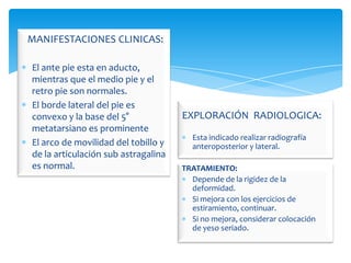 MANIFESTACIONES CLINICAS:

El ante pie esta en aducto,
mientras que el medio pie y el
retro pie son normales.
El borde lateral del pie es
convexo y la base del 5°             EXPLORACIÓN RADIOLOGICA:
metatarsiano es prominente
                                       Esta indicado realizar radiografía
El arco de movilidad del tobillo y     anteroposterior y lateral.
de la articulación sub astragalina
es normal.                           TRATAMIENTO:
                                       Depende de la rigidez de la
                                       deformidad.
                                       Si mejora con los ejercicios de
                                       estiramiento, continuar.
                                       Si no mejora, considerar colocación
                                       de yeso seriado.
 