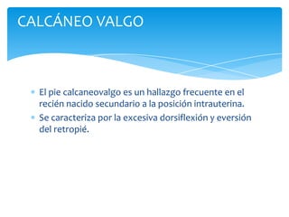 CALCÁNEO VALGO



  El pie calcaneovalgo es un hallazgo frecuente en el
  recién nacido secundario a la posición intrauterina.
  Se caracteriza por la excesiva dorsiflexión y eversión
  del retropié.
 