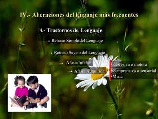 IV.- Alteraciones del lenguaje más frecuentes 4.- Trastornos del Lenguaje Retraso Simple del Lenguaje Retraso Severo del Lenguaje Afasia Infantil Afasia Adquirida Comprensiva o sensorial  Expresiva o motora Mixta 