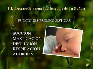 III.- Desarrollo normal del lenguaje de 0 a 3 años: SUCCION MASTICACION DEGLUCIÓN RESPIRACION AUDICION FUNCIONES PRELINGÜISTICAS: 