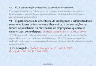 Art. 187. A demonstração do resultado do exercício discriminará: 
VI - as participações de debêntures, empregados, administradores e partes 
beneficiárias, e as contribuições para instituições ou fundos de assistência ou 
previdência de empregados; 
VI – as participações de debêntures, de empregados e administradores, 
mesmo na forma de instrumentos financeiros, e de instituições ou 
fundos de assistência ou previdência de empregados, que não se 
caracterizem como despesa; (Redação dada pela Lei nº 11.638,de 2007) 
§ 2º O aumento do valor de elementos do ativo em virtude de novas avaliações, 
registrados como reserva de reavaliação (artigo 182, § 3º), somente depois de 
realizado poderá ser computado como lucro para efeito de distribuição de dividendos 
ou participações. 
§ 2o (Revogado). (Redação dada pela Lei nº 11.638,de 2007) 
(Revogado pela Lei nº 11.638,de 2007) 
SUNOT/CGE/RJ 21 
 
