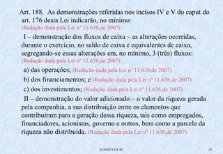 Art. 188. As demonstrações referidas nos incisos IV e V do caput do 
art. 176 desta Lei indicarão, no mínimo: 
(Redação dada pela Lei nº 11.638,de 2007) 
I – demonstração dos fluxos de caixa – as alterações ocorridas, 
durante o exercício, no saldo de caixa e equivalentes de caixa, 
segregando-se essas alterações em, no mínimo, 3 (três) fluxos: 
(Redação dada pela Lei nº 11.638,de 2007) 
a) das operações; (Redação dada pela Lei nº 11.638,de 2007) 
b) dos financiamentos; e (Redação dada pela Lei nº 11.638,de 2007) 
c) dos investimentos; (Redação dada pela Lei nº 11.638,de 2007) 
II – demonstração do valor adicionado – o valor da riqueza gerada 
pela companhia, a sua distribuição entre os elementos que 
contribuíram para a geração dessa riqueza, tais como empregados, 
financiadores, acionistas, governo e outros, bem como a parcela da 
riqueza não distribuída. (Redação dada pela Lei nº 11.638,de 2007) 
SUNOT/CGE/RJ 23 
 