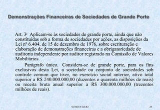 Art. 3o Aplicam-se às sociedades de grande porte, ainda que não 
constituídas sob a forma de sociedades por ações, as disposições da 
Lei nº 6.404, de 15 de dezembro de 1976, sobre escrituração e 
elaboração de demonstrações financeiras e a obrigatoriedade de 
auditoria independente por auditor registrado na Comissão de Valores 
Mobiliários. 
Parágrafo único. Considera-se de grande porte, para os fins 
exclusivos desta Lei, a sociedade ou conjunto de sociedades sob 
controle comum que tiver, no exercício social anterior, ativo total 
superior a R$ 240.000.000,00 (duzentos e quarenta milhões de reais) 
ou receita bruta anual superior a R$ 300.000.000,00 (trezentos 
milhões de reais). 
SUNOT/CGE/RJ 29 
 