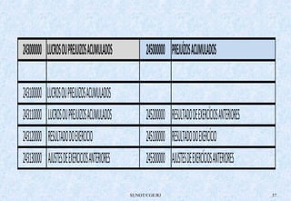 243000000 LUCROS OU PREJUIZOS ACUMULADOS 245000000 PREJUÍZOS ACUMULADOS 
243100000 LUCROS OU PREJUIZOS ACUMULADOS 
243110000 LUCROS OU PREJUIZOS ACUMULADOS 245200000 RESULTADO DE EXERCÍCIOS ANTERIORES 
243120000 RESULTADO DO EXERCICIO 245100000 RESULTADO DO EXERCÍCIO 
243130000 AJUSTES DE EXERCICIOS ANTERIORES 245300000 AJUSTES DE EXERCÍCIOS ANTERIORES 
SUNOT/CGE/RJ 37 
 