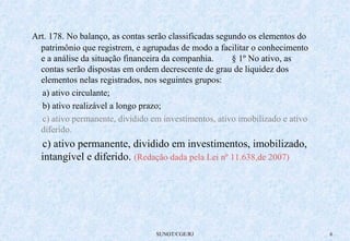 Art. 178. No balanço, as contas serão classificadas segundo os elementos do 
patrimônio que registrem, e agrupadas de modo a facilitar o conhecimento 
e a análise da situação financeira da companhia. § 1º No ativo, as 
contas serão dispostas em ordem decrescente de grau de liquidez dos 
elementos nelas registrados, nos seguintes grupos: 
a) ativo circulante; 
b) ativo realizável a longo prazo; 
c) ativo permanente, dividido em investimentos, ativo imobilizado e ativo 
diferido. 
c) ativo permanente, dividido em investimentos, imobilizado, 
intangível e diferido. (Redação dada pela Lei nº 11.638,de 2007) 
SUNOT/CGE/RJ 6 
 