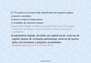 § 2º No passivo, as contas serão classificadas nos seguintes grupos: 
a) passivo circulante; 
b) passivo exigível a longo prazo; 
c) resultados de exercícios futuros; 
d) patrimônio líquido, dividido em capital social, reservas de capital, 
reservas de reavaliação, reservas de lucros e lucros ou prejuízos 
acumulados. 
d) patrimônio líquido, dividido em capital social, reservas de 
capital, ajustes de avaliação patrimonial, reservas de lucros, 
ações em tesouraria e prejuízos acumulados. 
(Redação dada pela Lei nº 11.638,de 2007) 
SUNOT/CGE/RJ 7 
 