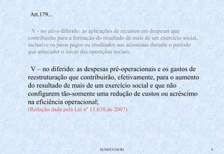 SUNOT/CGE/RJ 9 
Art.179... 
V - no ativo diferido: as aplicações de recursos em despesas que 
contribuirão para a formação do resultado de mais de um exercício social, 
inclusive os juros pagos ou creditados aos acionistas durante o período 
que anteceder o início das operações sociais. 
V – no diferido: as despesas pré-operacionais e os gastos de 
reestruturação que contribuirão, efetivamente, para o aumento 
do resultado de mais de um exercício social e que não 
configurem tão-somente uma redução de custos ou acréscimo 
na eficiência operacional; 
(Redação dada pela Lei nº 11.638,de 2007) 
 