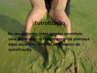 Eutrofização No seu conjunto, estes agentes permitem uma aceleração no crescimento das plantas e algas aquáticas, levando ao processo de eutrofização. 
