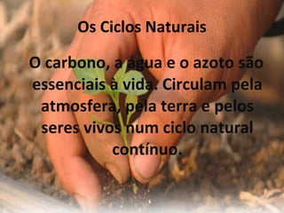 Os Ciclos Naturais O carbono, a água e o azoto são essenciais à vida. Circulam pela atmosfera, pela terra e pelos seres vivos num ciclo natural contínuo. 