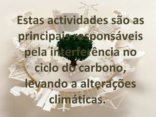 Estas actividades são as principais responsáveis pela interferência no ciclo do carbono, levando a alterações climáticas.  