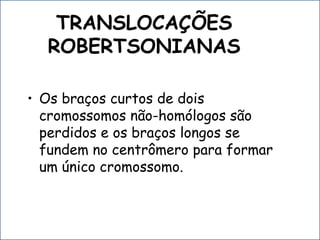 TRANSLOCAÇÕES
ROBERTSONIANAS
• Os braços curtos de dois
cromossomos não-homólogos são
perdidos e os braços longos se
fundem no centrômero para formar
um único cromossomo.
 