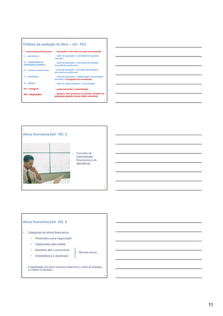 Critérios de avaliação do Ativo – (Art. 183)

I - instrumentos financeiros    - marcação a mercado ou custo de aquisição

II – mercadorias               - custo de aquisição (-) provisão para ajuste a
                               mercado
III – investimento em          - custo de aquisição (-) provisão para perdas /
participação societária        equivalência patrimonial

IV – demais investimentos      - custo de aquisição ( ) provisão para perdas /
                                                    (-)
                               equivalência patrimonial

V – imobilizado                - custo de aquisição (-) depreciação / amortização /
                               exaustão – revogação da reavaliação
VI – diferido                   - valor do capital aplicado (-) amortização

VII – intangível                - custo incorrido (-) amortização

VIII – longo prazo             - ajuste a valor presente (os demais deverão ser
                               ajustados quando houver efeito relevante)
                                                                                  31




Ativos financeiros (Art. 183, I)




                                                 •     Conceito de
                                                       instrumentos
                                                       financeiros e de
                                                       derivativos




                                                                                  32




Ativos financeiros (Art. 183, I)


•    Categorias de ativos financeiros:

        •       Destinados para negociação

        •       Disponíveis p
                   p        para venda

        •       Mantidos até o vencimento
                                                         Demais ativos
        •       Empréstimos e recebíveis


    - A classificação dos ativos financeiros determina o critério de avaliação
      e o reflexo no resultado

                                                                                  33




                                                                                       11
 