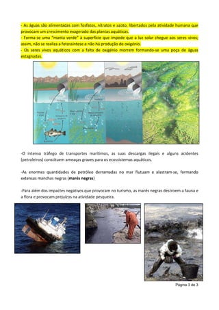 Página 3 de 3
- As águas são alimentadas com fosfatos, nitratos e azoto, libertados pela atividade humana que
provocam um crescimento exagerado das plantas aquáticas.
- Forma-se uma “manta verde” à superfície que impede que a luz solar chegue aos seres vivos;
assim, não se realiza a fotossíntese e não há produção de oxigénio.
- Os seres vivos aquáticos com a falta de oxigénio morrem formando-se uma poça de águas
estagnadas.
-O intenso tráfego de transportes marítimos, as suas descargas ilegais e alguns acidentes
(petroleiros) constituem ameaças graves para os ecossistemas aquáticos.
-As enormes quantidades de petróleo derramadas no mar flutuam e alastram-se, formando
extensas manchas negras (marés negras)
-Para além dos impactes negativos que provocam no turismo, as marés negras destroem a fauna e
a flora e provocam prejuízos na atividade pesqueira.
 