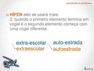 o HÍFEN não se usará mais:
2. quando o primeiro elemento termina em
vogal e o segundo elemento começa com
uma vogal diferente.
extra-escolar auto-estrada
extraescolar autoestrada
removendo os parafusos...
 