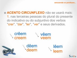 removendo os parafusos...
o ACENTO CIRCUNFLEXO não se usará mais:
1. nas terceiras pessoas do plural do presente
do indicativo ou do subjuntivo dos verbos
"crer", "dar", "ler", "ver" e seus derivados.
creem
dêem lêem
vêemcrêem
veem
deem leem
 