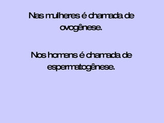 Nas mulheres é chamada de ovogênese. Nos homens é chamada de espermatogênese. 