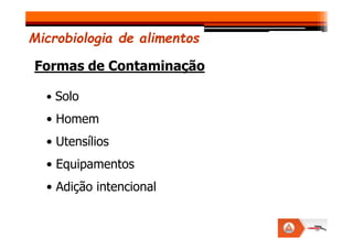 • Solo
• Homem
Formas de Contaminação
Microbiologia de alimentos
• Homem
• Utensílios
• Equipamentos
• Adição intencional
 