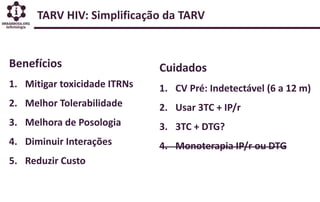 TARV HIV: Simplificação da TARV
Benefícios
1. Mitigar toxicidade ITRNs
2. Melhor Tolerabilidade
3. Melhora de Posologia
4....