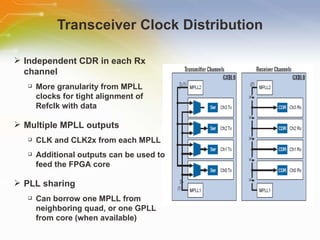 Transceiver Clock Distribution Independent CDR in each Rx channel More granularity from MPLL clocks for tight alignment of Refclk with data Multiple MPLL outputs CLK and CLK2x from each MPLL Additional outputs can be used to  feed the FPGA core PLL sharing Can borrow one MPLL from  neighboring quad, or one GPLL  from core (when available) 