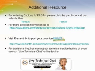 Additional Resource For ordering Cyclone IV FPGAs, please click the part list or call our sales hotline For more product information go to http://www.altera.com/products/devices/cyclone-iv/cyiv-index.jsp Visit Element 14 to post your question   For additional inquires contact our technical service hotline or even use our “Live Technical Chat” online facility Newark Farnell http://www.element14.com/community/community/suppliers/altera/cycloneiv 