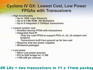 Cyclone IV GX: Lowest Cost, Low Power FPGAs with Transceivers High functionality Up to 150K Logic Elements Up to 6.5 Mb RAM, 360 Multipliers Up to 8 integrated 3.125Gbps transceivers Lowest system cost Smallest density FPGA with transceivers Integrated Hard IP Only low cost FPGA to support PCIe x1, x2, x4 rootport and endpoint Transceivers built from ground up for low cost Requires only two power supplies Wirebond packages Low power 60nm Low power process PCI to GbE bridge for <1.5W <150 mW per channel 15K LEs + two transceivers in 11 x 11mm package 