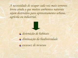A necessidade de ocupar cada vez mais terrenos levou ainda a que muitos ambientes naturais sejam destruídos para aproveitamento urbano, agrícola ou industrial. destruição de habitats diminuição da biodiversidade escassez de recursos 