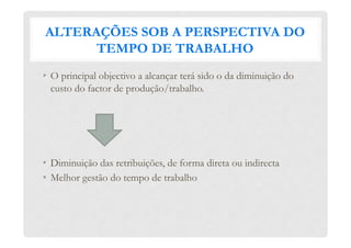 ALTERAÇÕES SOB A PERSPECTIVA DO
TEMPO DE TRABALHO
•  O principal objectivo a alcançar terá sido o da diminuição do
custo do factor de produção/trabalho.
•  Diminuição das retribuições, de forma direta ou indirecta
•  Melhor gestão do tempo de trabalho
 