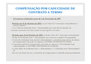 COMPENSAÇÃO POR CADUCIDADE DE
CONTRATO A TERMO
•  1) Contratos celebrados antes de 1 de Novembro de 2011
- Período até 31 de Outubro de 2012 ou até à data da 1ª renovação extraordinária se
esta for anterior
- 3 ou 2 dias de retribuição base + diuturnidades por cada mês de duração do
contrato, consoante esta não exceda ou seja superior a 6 meses
- Período após 31 de Outubro de 2012 ou desde a data da 1ª renovação extraordinária
- 20 dias de retribuição base + diuturnidades por cada ano completo de antiguidade
- O valor da retribuição base mensal e diuturnidades a considerar para efeitos de cálculo
da compensação não pode ser superior a 20*SMN (20*€485,00=€9.700,00)
- O montante global da compensação não pode ser superior a 12*retribuição base
+diuturnidades ou 240*SMN (240*€485,00=€116.400,00)
- O valor diário da retribuição base + diuturnidades é = retribuição base+diuturnidades/
30
- Em caso de fração de ano, o montante da compensação é calculado proporcionalmente
 