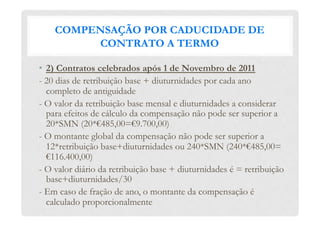 COMPENSAÇÃO POR CADUCIDADE DE
CONTRATO A TERMO
•  2) Contratos celebrados após 1 de Novembro de 2011
- 20 dias de retribuição base + diuturnidades por cada ano
completo de antiguidade
- O valor da retribuição base mensal e diuturnidades a considerar
para efeitos de cálculo da compensação não pode ser superior a
20*SMN (20*€485,00=€9.700,00)
- O montante global da compensação não pode ser superior a
12*retribuição base+diuturnidades ou 240*SMN (240*€485,00=
€116.400,00)
- O valor diário da retribuição base + diuturnidades é = retribuição
base+diuturnidades/30
- Em caso de fração de ano, o montante da compensação é
calculado proporcionalmente
 