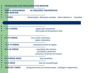  CRONOLOGIA DOS PROCESSOS POS-MORTEM
 ----------------------------------------------------------------
 TEMPO APROXIMADO ALTERAÇÕES CADAVÉRICAS
 PÓS-MORTEM
 ----------------------------------------------------------------
 1 HORA desidratação, alterações oculares (olhos abertos) e hipostase
 -----------------------------------------------------------------
 2 A 4 HORAS rigidez dos masseteres
 diminuição da temperatura retal
 -----------------------------------------------------------------
 4 A 10 HORAS livor mortis (manchas)
 rigidez cadavérica
 ----------------------------------------------------------------
 12 A 15 HORAS desaparecimento da rigidez
 -----------------------------------------------------------------
 24 A 48 HORAS opacidade das córneas
 putrefação cadavérica
 presença de larvas de moscas
 -----------------------------------------------------------------
 2 A VÁRIOS ANOS fase liquefativa
 -----------------------------------------------------------------
 2 A 5 ANOS fase de esquelitização
 ----------------------------------------------------------------
 MAIS DE 5 ANOS desaparecimento da medula óssea, cartilagem e ligamentos.
 