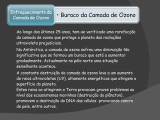 Ao longo dos últimos 25 anos, tem-se verificado uma rarefacção da camada de ozono que protege o planeta das radiações ultravioleta prejudiciais.  Na Antárctica, a camada de ozono sofreu uma diminuição tão significativa que se formou um buraco que está a aumentar gradualmente. Actualmente no pólo norte uma situação semelhante acontece. A constante destruição da camada de ozono leva a um aumento de raios ultravioletas (UV), altamente energéticos que atingem a superfície do planeta. Estes raios ao atingirem a Terra provocam graves problemas ao nível dos ecossistemas marinhos (destruição do plâncton), promovem a destruição do DNA das células  provocando cancro de pele, entre outros.    