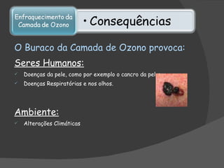 O Buraco da Camada de Ozono provoca: Seres Humanos: Doenças da pele, como por exemplo o cancro da pele; Doenças Respiratórias e nos olhos. Ambiente: Alterações Climáticas 