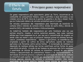 Os gases responsáveis pelo aquecimento global da Terra, encontram-se na combustão de combustíveis fósseis, como o petróleo e seus derivados, e nas cidades cerca de 40 % deve-se à queima de gasolina e de óleo a diesel, facto que se traduz pelo número de veículos automóveis que aí circulam. Os veículos automóveis são responsáveis pela libertação de monóxido de carbono (CO) e dióxido de carbono (CO 2 ), óxidos de azoto (NO x ), dióxido de enxofre (SO 2 ), derivados de chumbo e hidrocarbonetos.   As indústrias também são responsáveis por este fenómeno uma vez que emitem enxofre, chumbo e outros materiais pesados, bem como resíduos sólidos que ficam suspensos no ar, por sua vez a concentração de oxigénio vai sendo cada vez menor o que vai provocar doenças graves no sistema nervoso, cancro, problemas respiratórios.   Quanto à agricultura, as substâncias são originadas a partir do cultivo de arroz, agricultura, queima de resíduos agrícolas e de florestas, entre outras fontes.   A incineração de resíduos e a deposição de resíduos sólidos nas terras constituem outras fontes de gases com efeito de estufa   A acção do ser humano na natureza tem feito aumentar a quantidade de dióxido de carbono na atmosfera, através de uma queima intensa e descontrolada de combustíveis fósseis e do desflorestamento. A derrubada de árvores provoca o aumento da quantidade de dióxido de carbono na atmosfera pela queima e também por decomposição natural. Além disso, as árvores aspiram dióxido de carbono e produzem oxigénio. Uma menor quantidade de árvores significa também menos dióxido de carbono sendo absorvido 