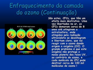 Enfraquecimento da camadaEnfraquecimento da camada
do ozono (Continuação)do ozono (Continuação)
São estes, CFCs, que têm umSão estes, CFCs, que têm um
efeito mais destrutivo. Umaefeito mais destrutivo. Uma
vez libertados no ar, osvez libertados no ar, os
CFCs demoram cerca de 8CFCs demoram cerca de 8
anos até atingirem aanos até atingirem a
estratosfera, ondeestratosfera, onde
atingidos pela radiaçãoatingidos pela radiação
ultravioleta se desintegramultravioleta se desintegram
e libertam cloro, que vaie libertam cloro, que vai
reagir com o ozono dandoreagir com o ozono dando
origem a oxigénio (O2). Oorigem a oxigénio (O2). O
grande problema é que estegrande problema é que este
oxigénio não protege ooxigénio não protege o
nosso planeta dos raios UV,nosso planeta dos raios UV,
ao contrário do ozono, eao contrário do ozono, e
cada molécula de CFC podecada molécula de CFC pode
destruir cerca de 100 mildestruir cerca de 100 mil
moléculas de ozono !moléculas de ozono !
 