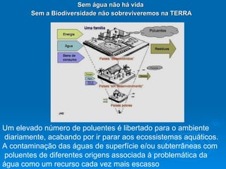Sem água não há vida   Sem a Biodiversidade não sobreviveremos na TERRA Um elevado número de poluentes é libertado para o ambiente diariamente, acabando por ir parar aos ecossistemas aquáticos.  A contaminação das águas de superfície e/ou subterrâneas com poluentes de diferentes origens associada à problemática da  água como um recurso cada vez mais escasso   