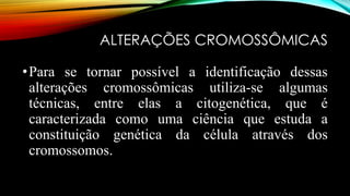 ALTERAÇÕES CROMOSSÔMICAS
•Para se tornar possível a identificação dessas
alterações cromossômicas utiliza-se algumas
técnicas, entre elas a citogenética, que é
caracterizada como uma ciência que estuda a
constituição genética da célula através dos
cromossomos.
 
