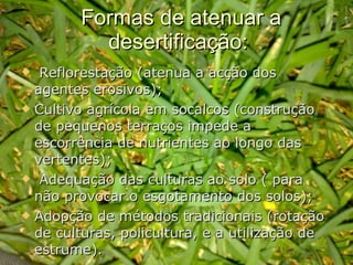 Formas de atenuar a desertificação: Reflorestação (atenua a acção dos agentes erosivos); Cultivo agrícola em socalcos (construção de pequenos terraços impede a escorrência de nutrientes ao longo das vertentes); Adequação das culturas ao solo ( para não provocar o esgotamento dos solos); Adopção de métodos tradicionais (rotação de culturas, policultura, e a utilização de estrume). 
