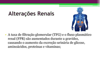 • A taxa de filtração glomerular (TFG) e o fluxo plasmático
renal (FPR) são aumentados durante a gravidez,
causando o aumento da excreção urinária de glicose,
aminoácidos, proteínas e vitaminas;
 