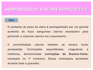 ADAPTAÇÕES DO SISTEMA REPRODUTIVO
Útero
 O aumento do peso do útero é acompanhado por um grande
aumento do fluxo sanguíneo uterino necessário para
perfundir o músculo uterino em crescimento.
 A contratilidade uterina também se mostra muito
aumentada. Contrações espontâneas, irregulares e
indolores, denominadas contrações de Braxton-Hicks,
começam no 1º trimestre. Essas contrações persistem
durante toda a gravidez.
 