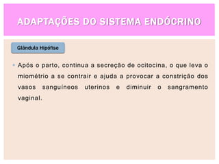ADAPTAÇÕES DO SISTEMA ENDÓCRINO
Glândula Hipófise
 Após o parto, continua a secreção de ocitocina, o que leva o
miométrio a se contrair e ajuda a provocar a constrição dos
vasos sanguíneos uterinos e diminuir o sangramento
vaginal.
 