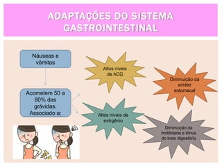 ADAPTAÇÕES DO SISTEMA
GASTROINTESTINAL
Náuseas e
vômitos
Acometem 50 a
80% das
grávidas.
Associado a:
Altos níveis
de hCG
Altos níveis de
estrgênio
Diminuição da
acidez
estomacal
Diminuição da
motilidade e tônus
do trato digestório
 