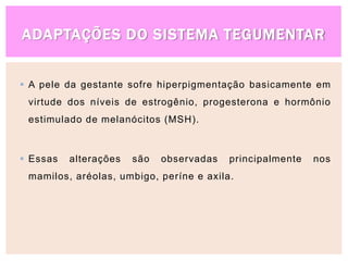 ADAPTAÇÕES DO SISTEMA TEGUMENTAR
 A pele da gestante sofre hiperpigmentação basicamente em
virtude dos níveis de estrogênio, progesterona e hormônio
estimulado de melanócitos (MSH).
 Essas alterações são observadas principalmente nos
mamilos, aréolas, umbigo, períne e axila.
 