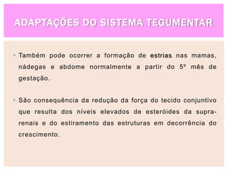 ADAPTAÇÕES DO SISTEMA TEGUMENTAR
 Também pode ocorrer a formação de estrias nas mamas,
nádegas e abdome normalmente a partir do 5º mês de
gestação.
 São consequência da redução da força do tecido conjuntivo
que resulta dos níveis elevados de esteróides da supra-
renais e do estiramento das estruturas em decorrência do
crescimento.
 