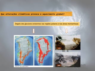 Que alterações climáticas provoca o aquecimento global?

Degelo dos glaciares existentes nas regiões polares e nas áreas montanhosas

1978

2006

 