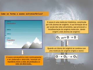 Como se forma o ozono estratosférico?

O ozono ééuma molécula triatómica, constituída
O ozono uma molécula triatómica, constituída
por três átomos de oxigénio. AAsua formação dá-se
por três átomos de oxigénio. sua formação dá-se
por acção dos raios ultravioleta, que provocam aa
por acção dos raios ultravioleta, que provocam
fotodissociação do oxigénio molecular, dando
fotodissociação do oxigénio molecular, dando
origem aadois átomos de oxigénio:
origem dois átomos de oxigénio:

Quando um átomo de oxigénio se combina com
Quando um átomo de oxigénio se combina com
uma molécula de oxigénio origina ooozono:
uma molécula de oxigénio origina ozono:
O ozono estratosférico está continuamente
a ser elaborado e destruído, havendo um
equilíbrio entre o valor de produção e o
valor de destruição.

 