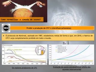 Como normalizar a camada de ozono?

Proibir a produção de CFC’s (clorofluorcarbonetos)

O protocolo de Montreal, assinado em 1987, estabeleceu metas de forma aaque, em 2010, oofabrico de
O protocolo de Montreal, assinado em 1987, estabeleceu metas de forma que, em 2010, fabrico de
CFC’s seja completamente proibido em todo oomundo.
CFC’s seja completamente proibido em todo mundo.

Os maiores produtores de CFC

Evolução do ozono estratosférico: efeito dos
acordos internacionais

 