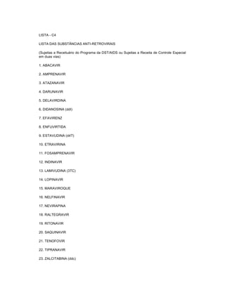 LISTA - C4
LISTA DAS SUBSTÂNCIAS ANTI-RETROVIRAIS
(Sujeitas a Receituário do Programa da DST/AIDS ou Sujeitas a Receita de Controle Especial
em duas vias)
1. ABACAVIR
2. AMPRENAVIR
3. ATAZANAVIR
4. DARUNAVIR
5. DELAVIRDINA
6. DIDANOSINA (ddI)
7. EFAVIRENZ
8. ENFUVIRTIDA
9. ESTAVUDINA (d4T)
10. ETRAVIRINA
11. FOSAMPRENAVIR
12. INDINAVIR
13. LAMIVUDINA (3TC)
14. LOPINAVIR
15. MARAVIROQUE
16. NELFINAVIR
17. NEVIRAPINA
18. RALTEGRAVIR
19. RITONAVIR
20. SAQUINAVIR
21. TENOFOVIR
22. TIPRANAVIR
23. ZALCITABINA (ddc)

 